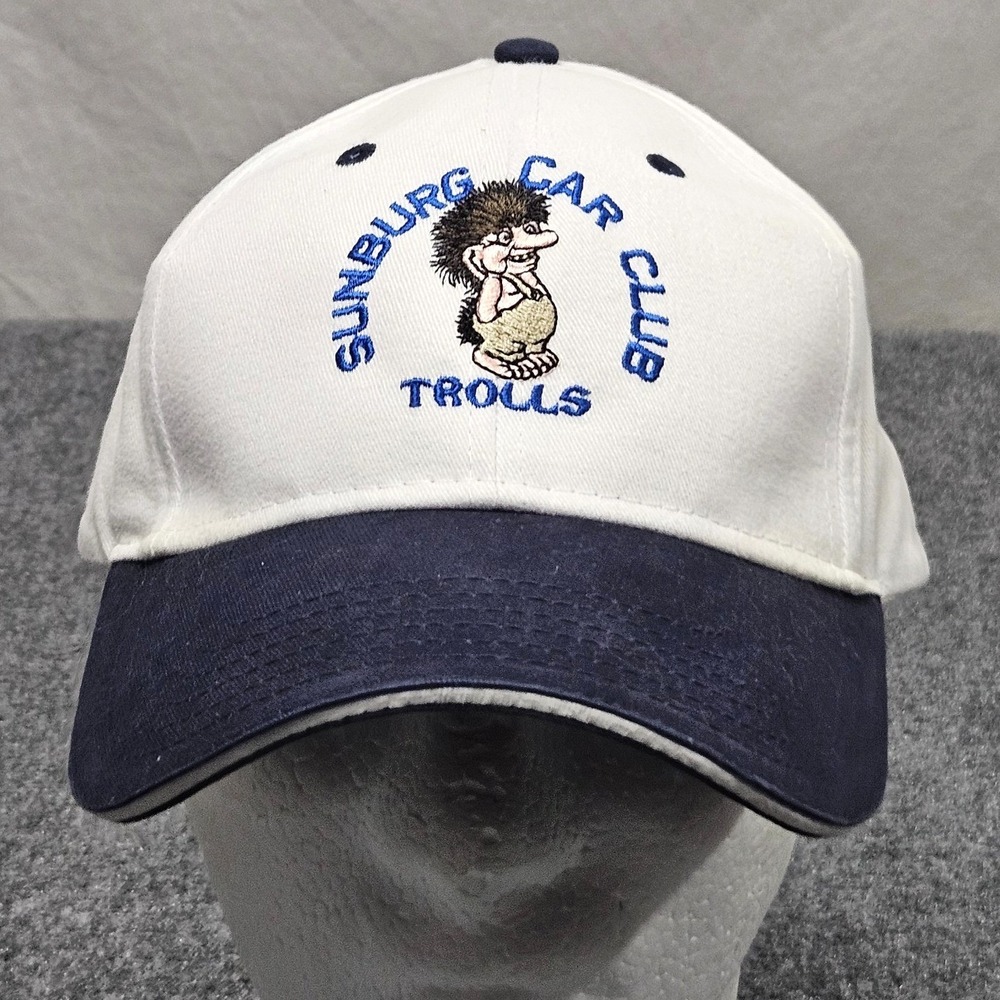 Sunburg Car Club Hat Trolls Cap White Navy Embroidered Americana Heritage Y2K